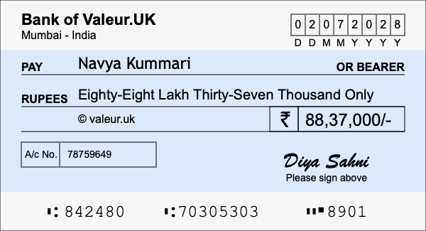 How to write a cheque for 88.37 lakh rupees