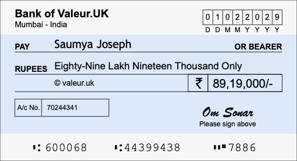 How to write a cheque for 89.19 lakh rupees