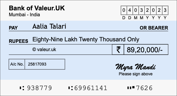 How to write a cheque for 89.2 lakh rupees