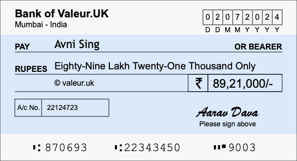 How to write a cheque for 89.21 lakh rupees