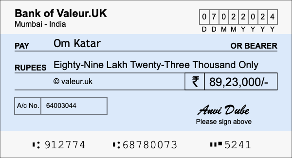 How to write a cheque for 89.23 lakh rupees