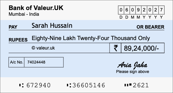 How to write a cheque for 89.24 lakh rupees
