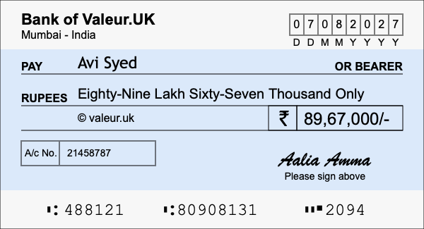 How to write a cheque for 89.67 lakh rupees
