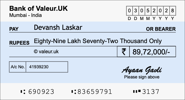 How to write a cheque for 89.72 lakh rupees