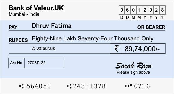 How to write a cheque for 89.74 lakh rupees