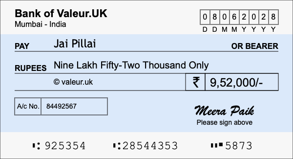 How to write a cheque for 9.52 lakh rupees