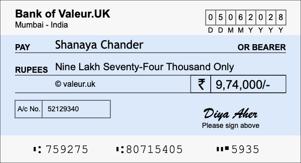 How to write a cheque for 9.74 lakh rupees
