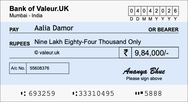 How to write a cheque for 9.84 lakh rupees