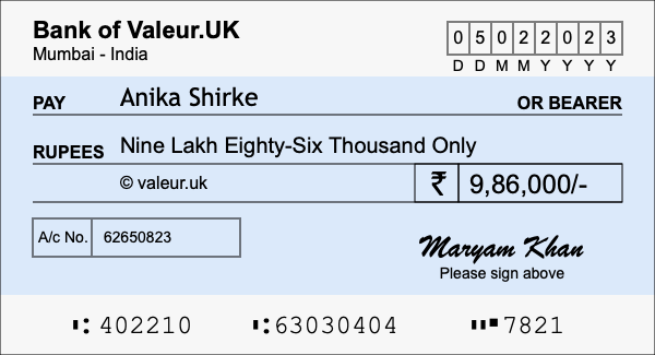 How to write a cheque for 9.86 lakh rupees