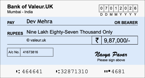 How to write a cheque for 9.87 lakh rupees