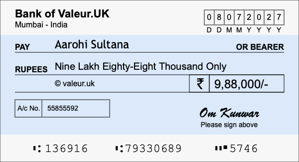 How to write a cheque for 9.88 lakh rupees