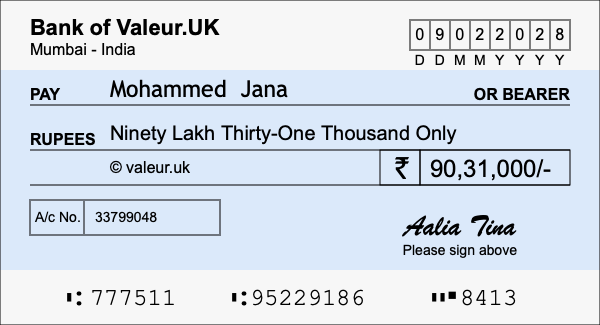 How to write a cheque for 90.31 lakh rupees