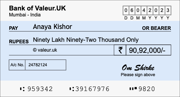 How to write a cheque for 90.92 lakh rupees How to write a cheque for 90.92 lakh rupees