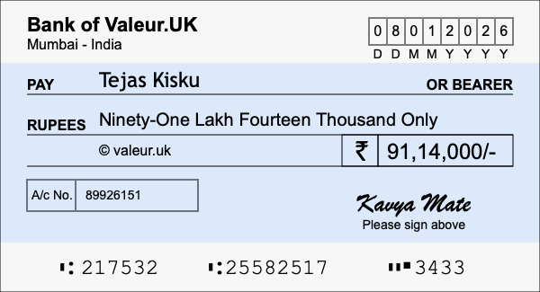 How to write a cheque for 91.14 lakh rupees