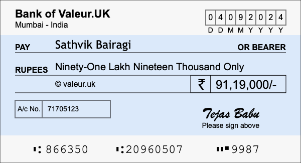 How to write a cheque for 91.19 lakh rupees