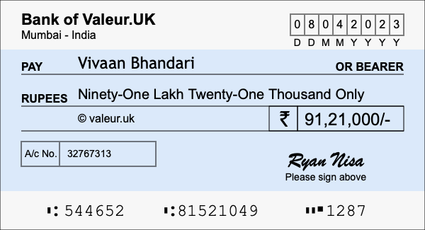 How to write a cheque for 91.21 lakh rupees