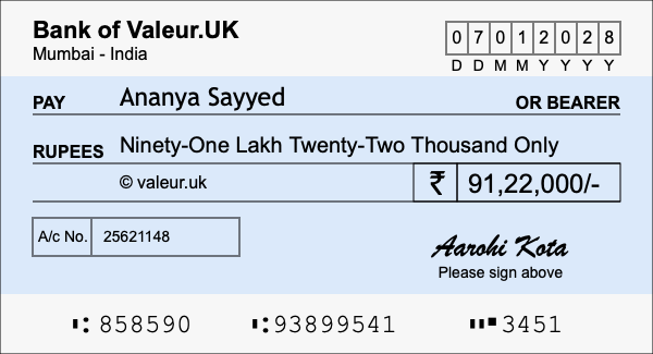How to write a cheque for 91.22 lakh rupees
