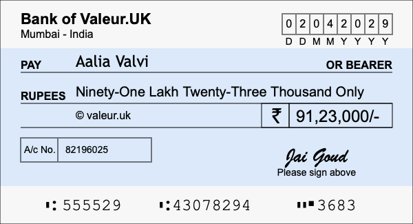 How to write a cheque for 91.23 lakh rupees