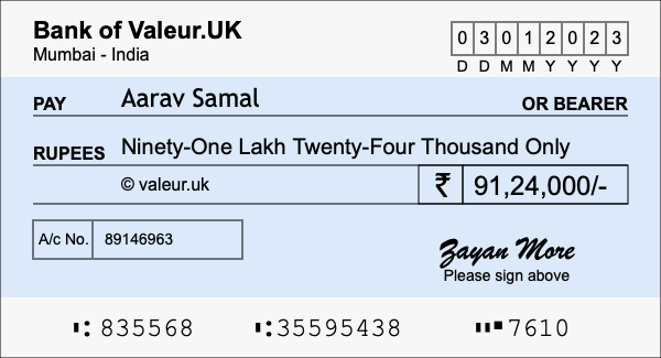 How to write a cheque for 91.24 lakh rupees