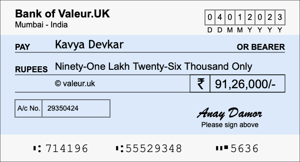 How to write a cheque for 91.26 lakh rupees