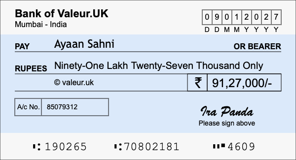 How to write a cheque for 91.27 lakh rupees