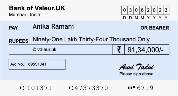 How to write a cheque for 91.34 lakh rupees