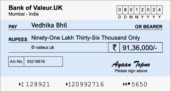 How to write a cheque for 91.36 lakh rupees