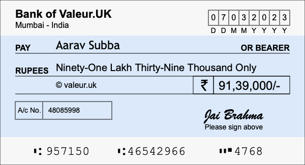 How to write a cheque for 91.39 lakh rupees