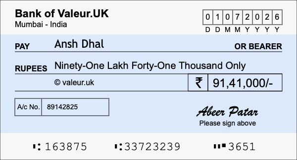 How to write a cheque for 91.41 lakh rupees