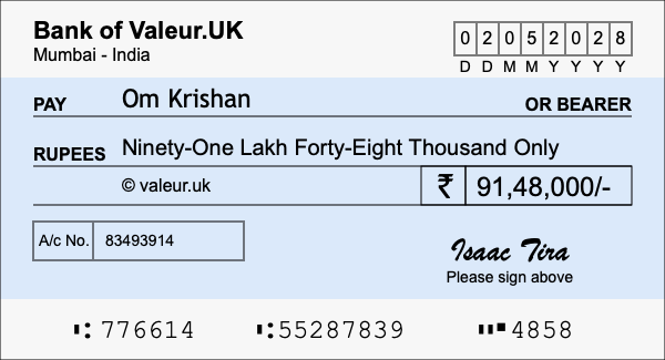 How to write a cheque for 91.48 lakh rupees