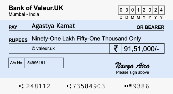 How to write a cheque for 91.51 lakh rupees