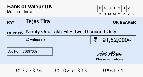 How to write a cheque for 91.52 lakh rupees