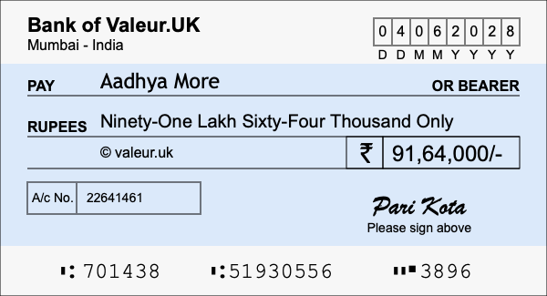 How to write a cheque for 91.64 lakh rupees