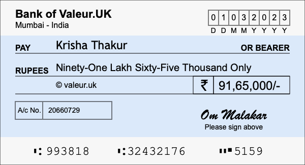 How to write a cheque for 91.65 lakh rupees