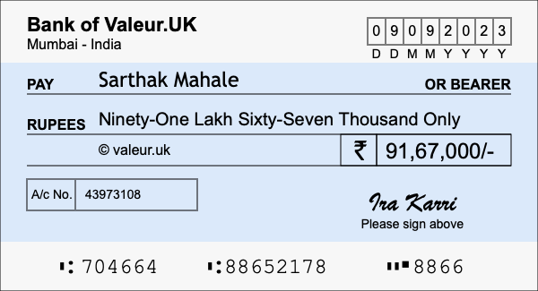 How to write a cheque for 91.67 lakh rupees