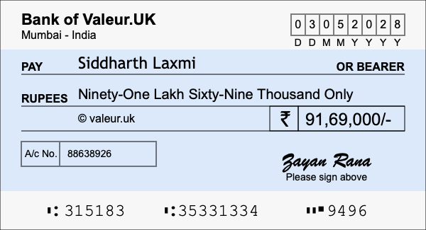 How to write a cheque for 91.69 lakh rupees