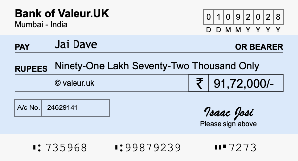 How to write a cheque for 91.72 lakh rupees