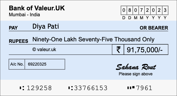 How to write a cheque for 91.75 lakh rupees