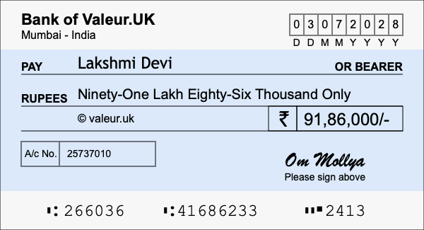 How to write a cheque for 91.86 lakh rupees