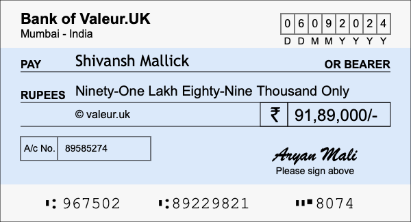 How to write a cheque for 91.89 lakh rupees