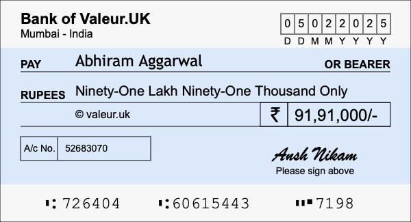 How to write a cheque for 91.91 lakh rupees