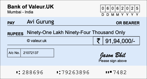 How to write a cheque for 91.94 lakh rupees