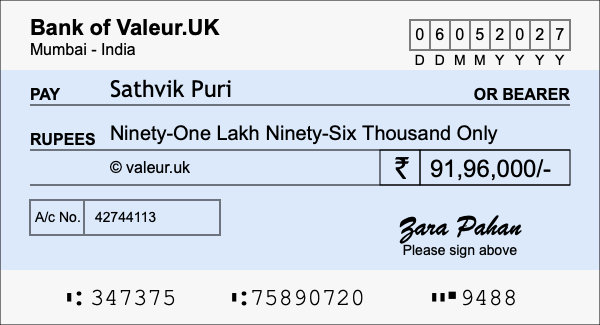How to write a cheque for 91.96 lakh rupees