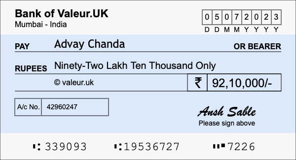 How to write a cheque for 92.1 lakh rupees