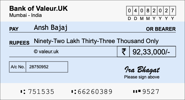 How to write a cheque for 92.33 lakh rupees How to write a cheque for 92.33 lakh rupees