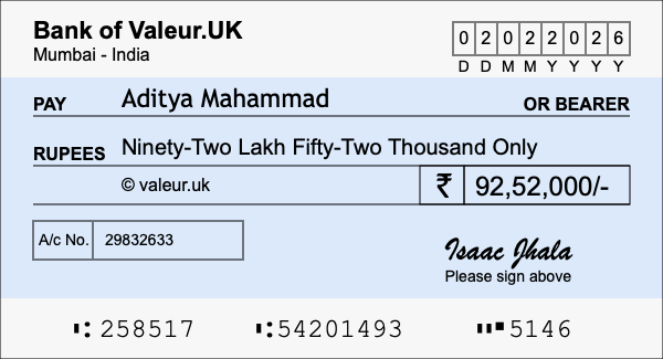 How to write a cheque for 92.52 lakh rupees
