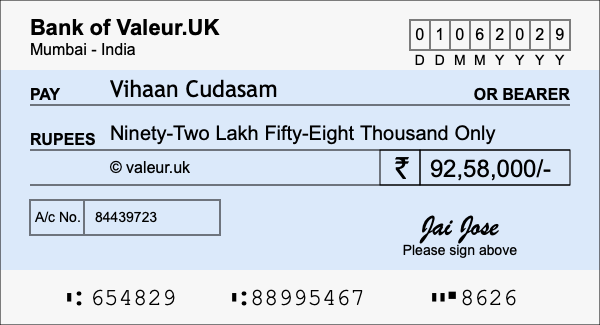 How to write a cheque for 92.58 lakh rupees