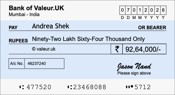 How to write a cheque for 92.64 lakh rupees