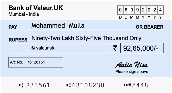 How to write a cheque for 92.65 lakh rupees