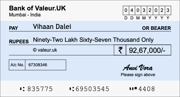 How to write a cheque for 92.67 lakh rupees